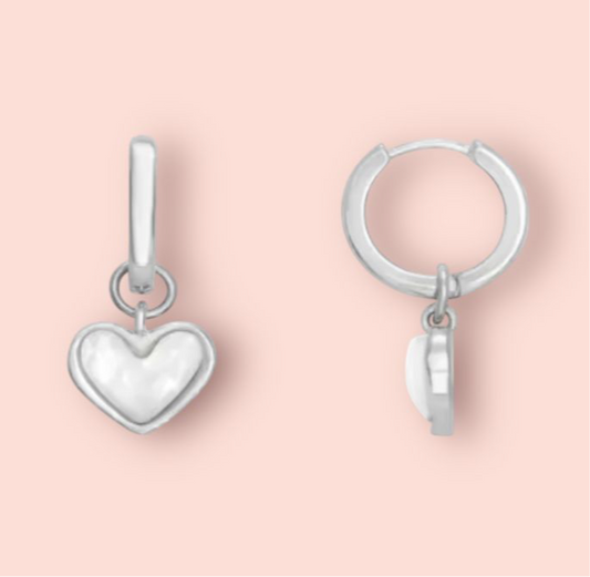 White Shell Heart Huggies 925 Sterling Silver hoop earrings Wedding jewellery