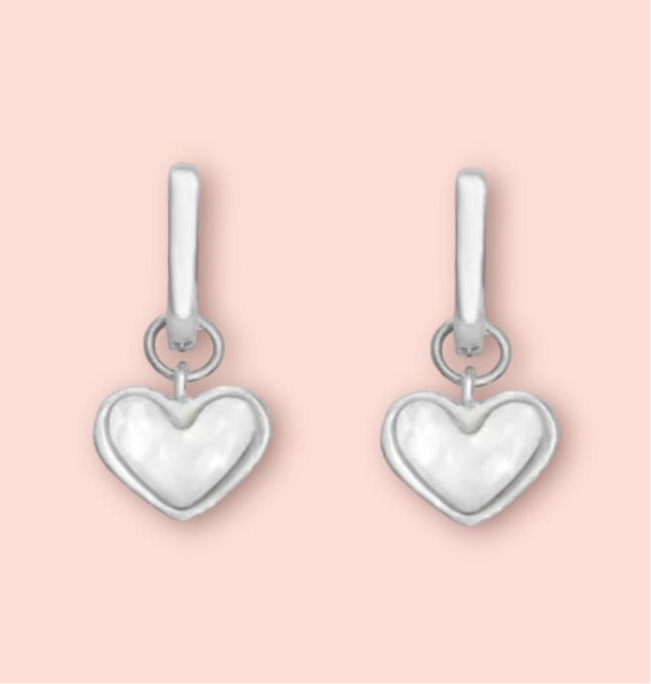White Shell Heart Huggies 925 Sterling Silver hoop earrings Wedding jewellery