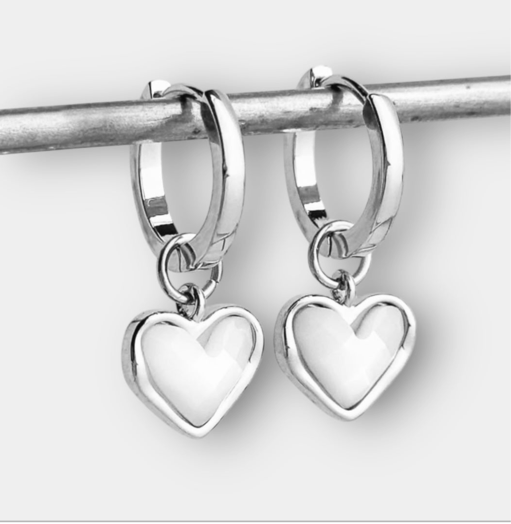 White Shell Heart Huggies 925 Sterling Silver hoop earrings Wedding jewellery