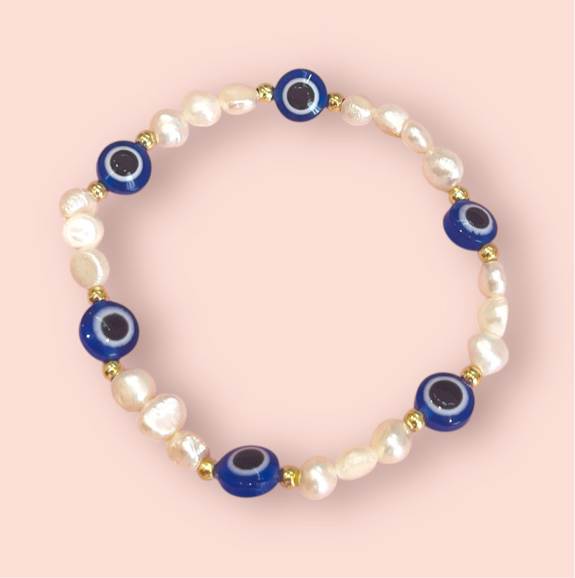 Evil Eye Freshwater Pearl & 18K gold plated beaded bracelet