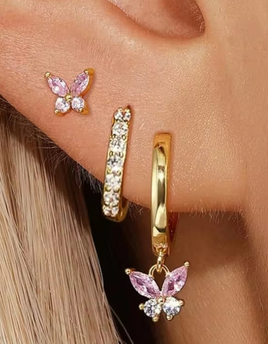 Pink Butterfly Triple Stacking set - 18K Gold Plated Huggies hoops & stud 3 piece stacking set ~ cubic zirconia stone charm earrings