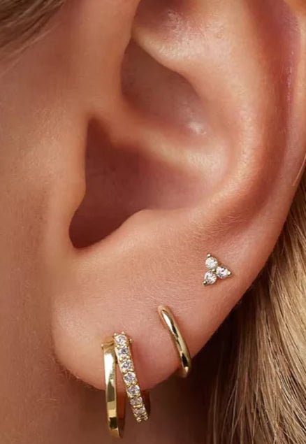 Beau Triple Stacking set - 18K Gold Plated Huggies hoops & stud 3 piece stacking set ~ cubic zirconia stone charm earrings