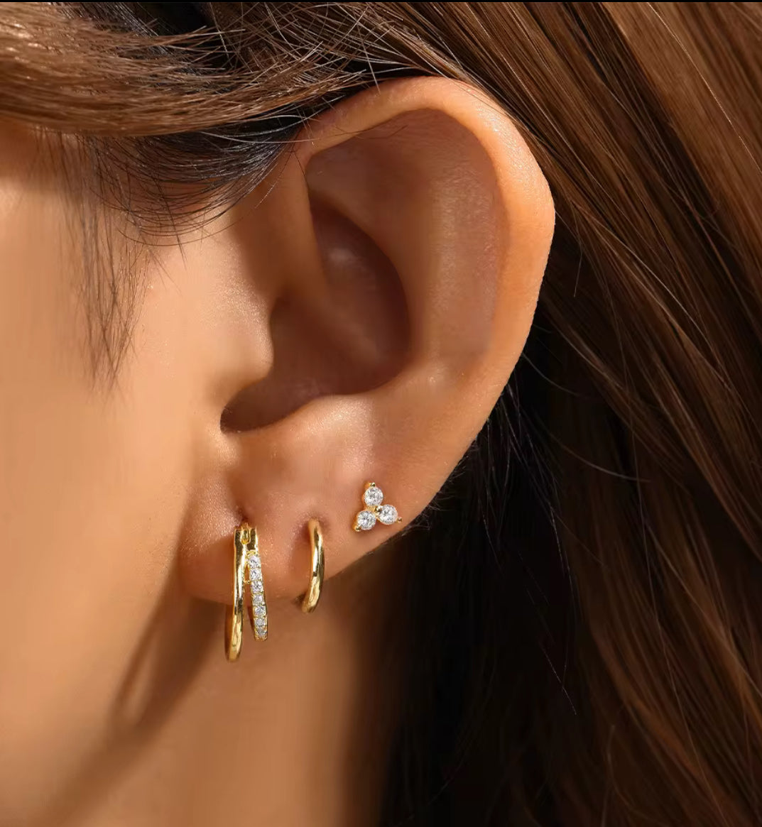 Beau Triple Stacking set - 18K Gold Plated Huggies hoops & stud 3 piece stacking set ~ cubic zirconia stone charm earrings