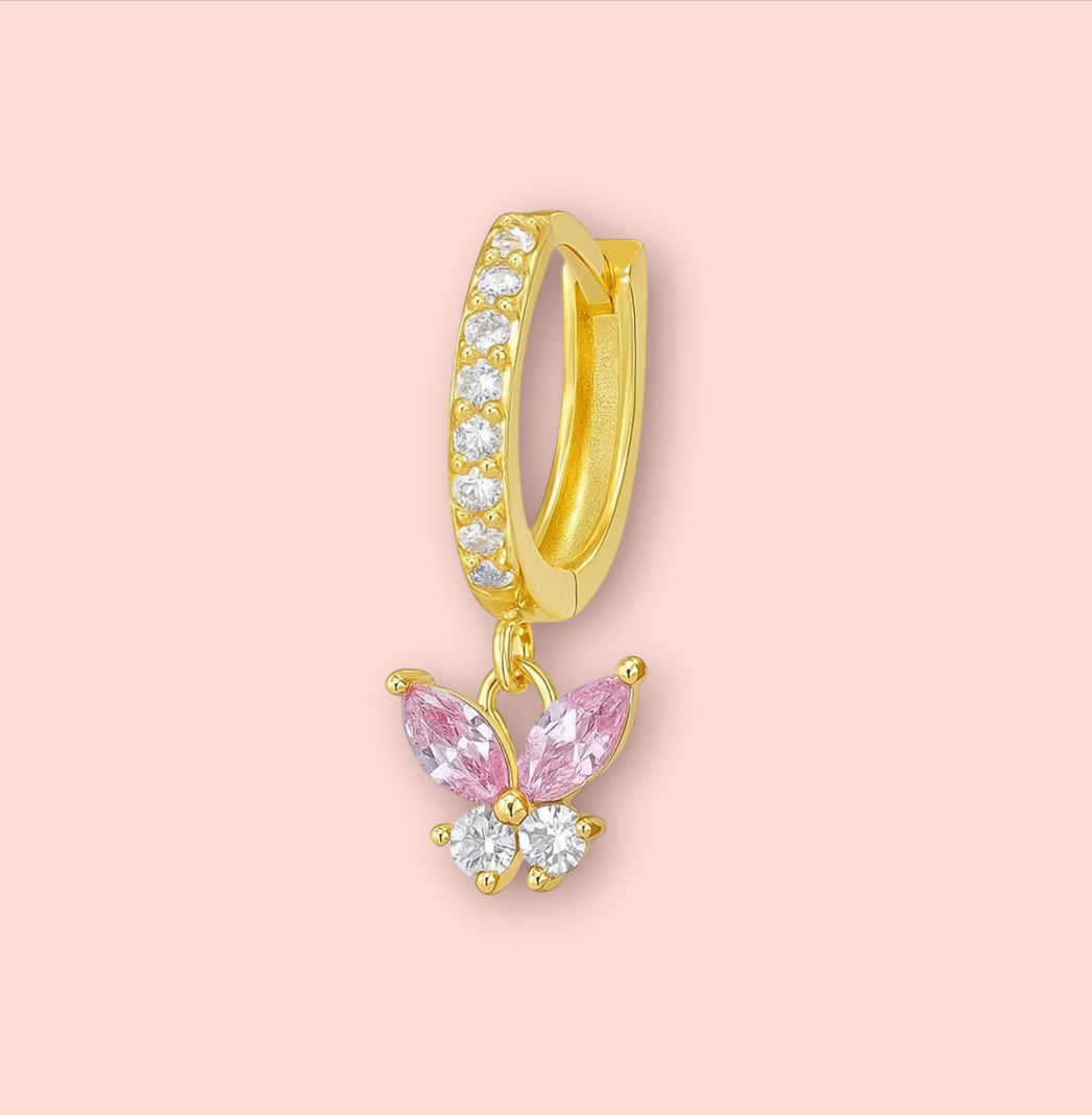 Pink Butterfly Triple Stacking set - 18K Gold Plated Huggies hoops & stud 3 piece stacking set ~ cubic zirconia stone charm earrings