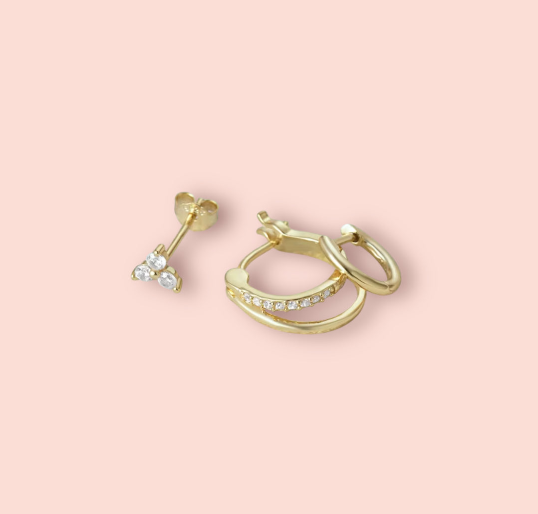 Beau Triple Stacking set - 18K Gold Plated Huggies hoops & stud 3 piece stacking set ~ cubic zirconia stone charm earrings