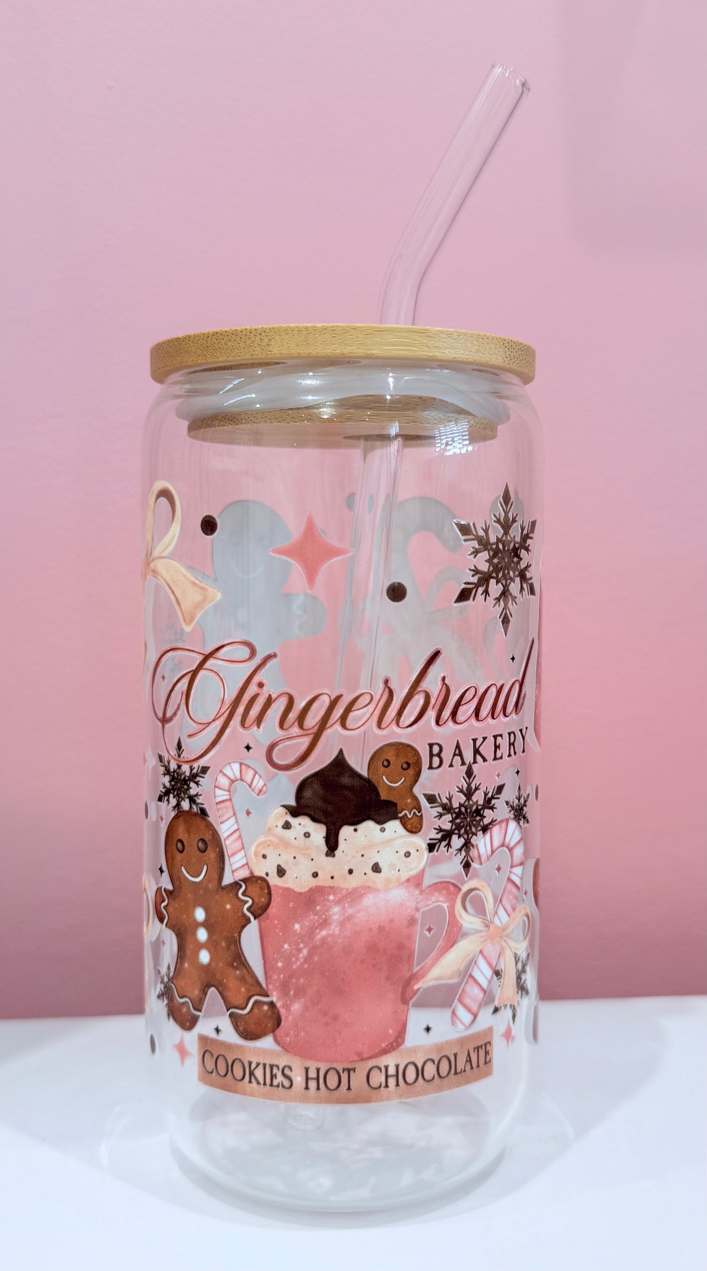 Christmas 16oz Glass Cup with Bamboo Lid & Glass Straw Reusable Portable Drinkware Cute Design UVDTF Transfer Water Bottles Mug Bamboo Drinkware Bottle Water Bottles Mug Tumbler Portable Reusable Bottled Lid