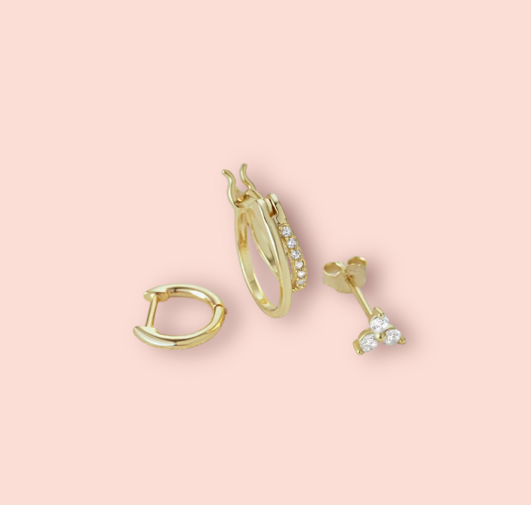 Beau Triple Stacking set - 18K Gold Plated Huggies hoops & stud 3 piece stacking set ~ cubic zirconia stone charm earrings