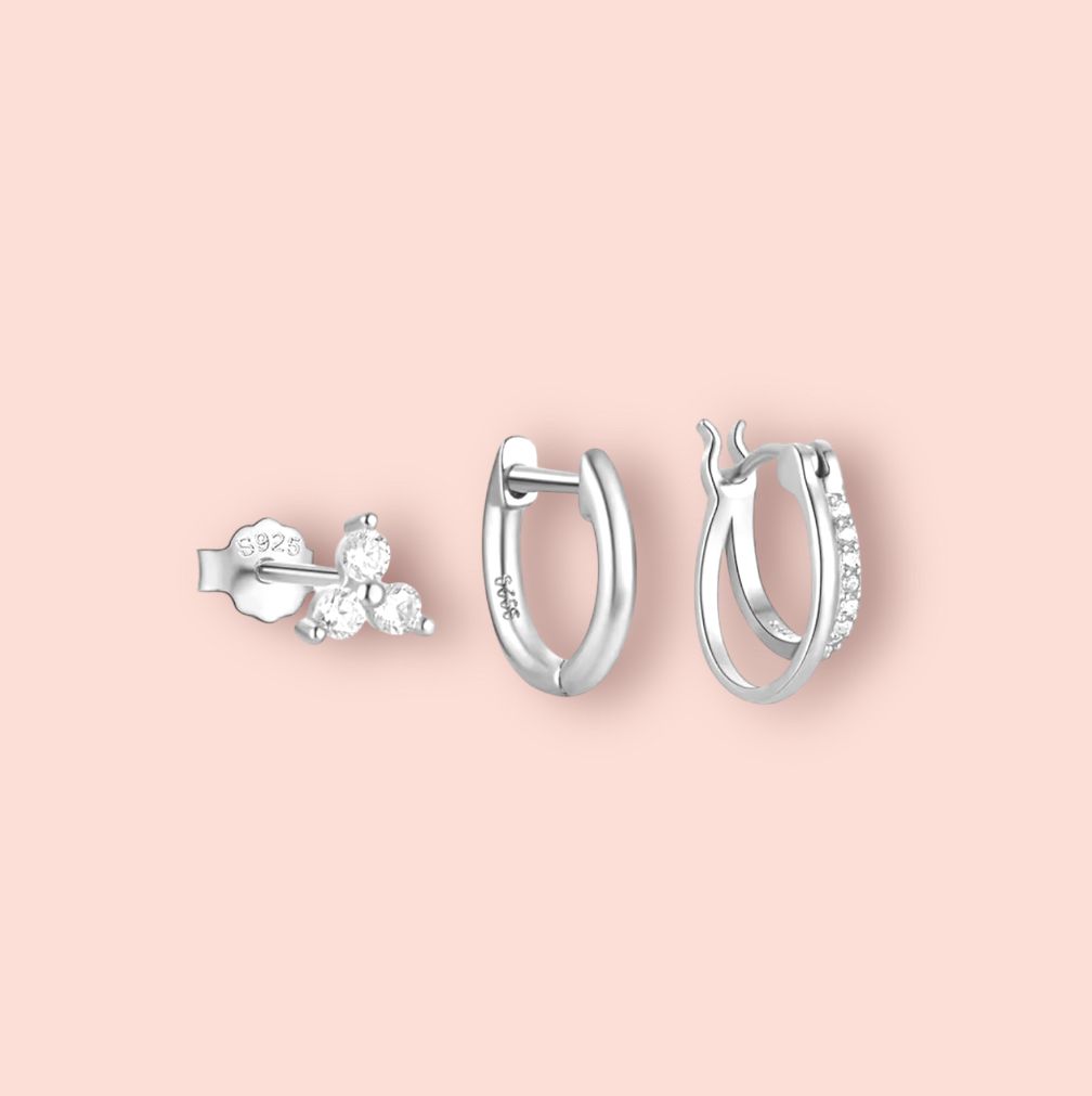 Beau Triple Stacking set - 925 Sterling Silver Huggies hoops & stud 3 piece stacking set ~ cubic zirconia stone charm earrings