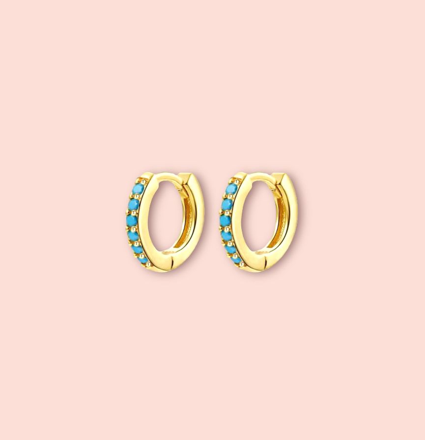 18K Gold Plated Turquoise Blue Stone 11mm Mini Hoop Earrings
