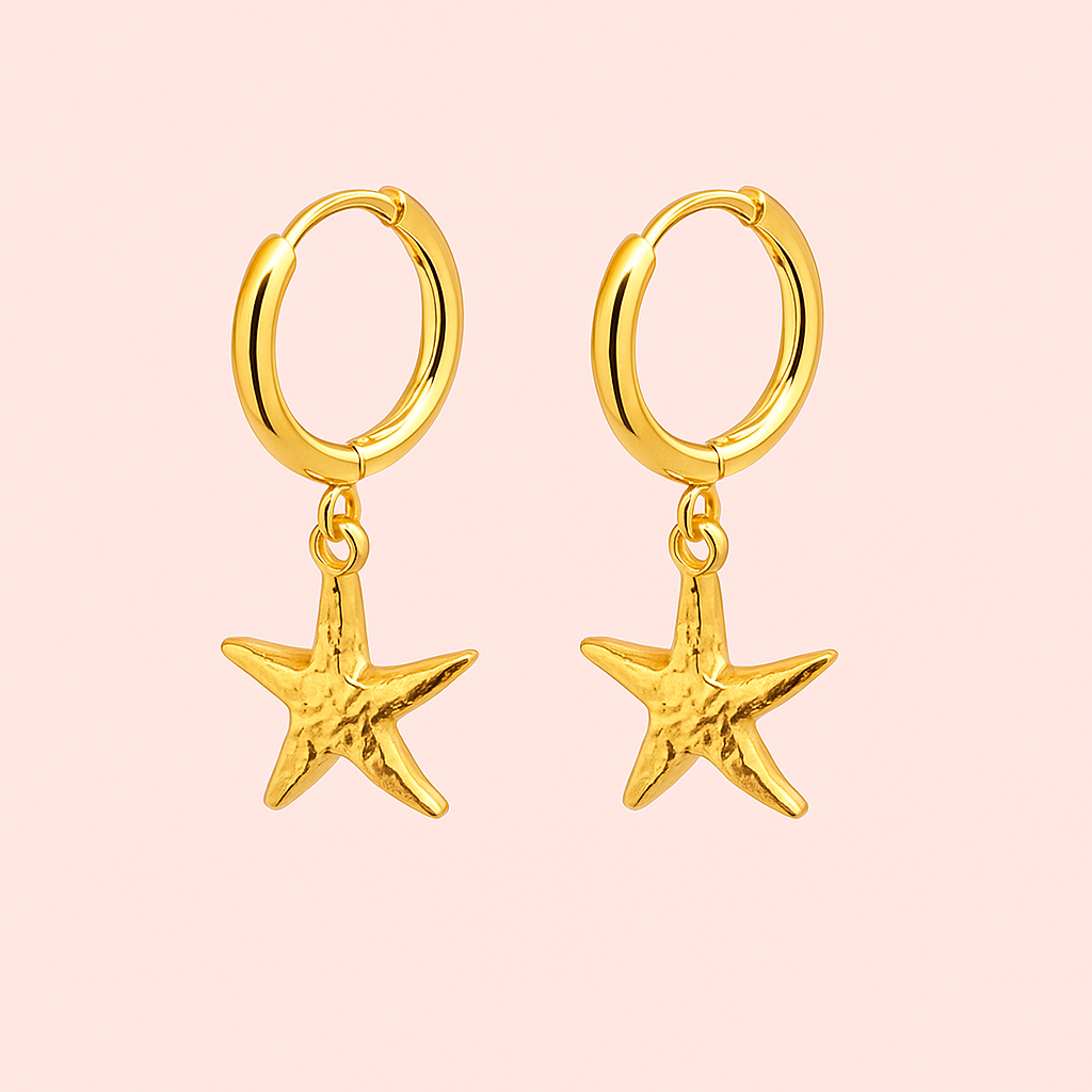 18K Gold Plated Starfish Huggies hoop charm Earrings Ocean beach