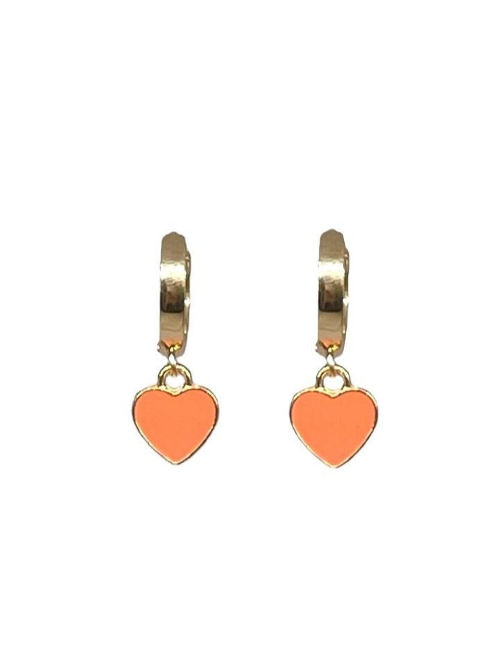 18K Gold Plated Heart Huggies Hoop Earrings - Coral & Gold
