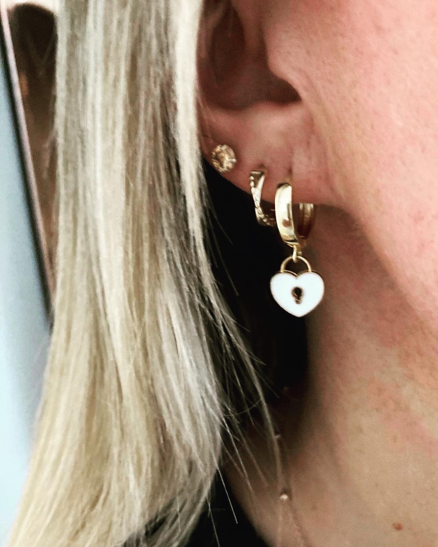 18K Gold Plated Heart Huggies Hoop Earrings - White Padlock charm