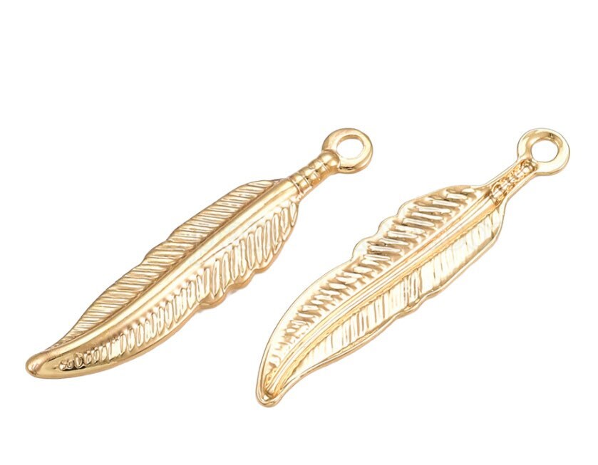 18K Gold Plated Huggies Hoop Feather charm Earrings dangly
