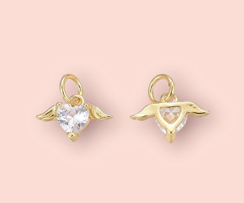 18K Gold Plated Huggies Hoop Heart Wing Cubic Zirconia charm Earrings dangly
