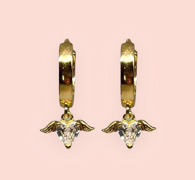 18K Gold Plated Huggies Hoop Heart Wing Cubic Zirconia charm Earrings dangly