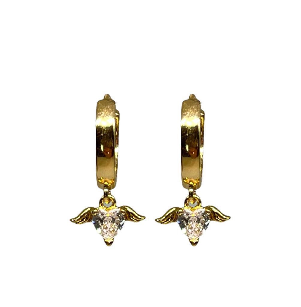 18K Gold Plated Huggies Hoop Heart Wing Cubic Zirconia charm Earrings dangly