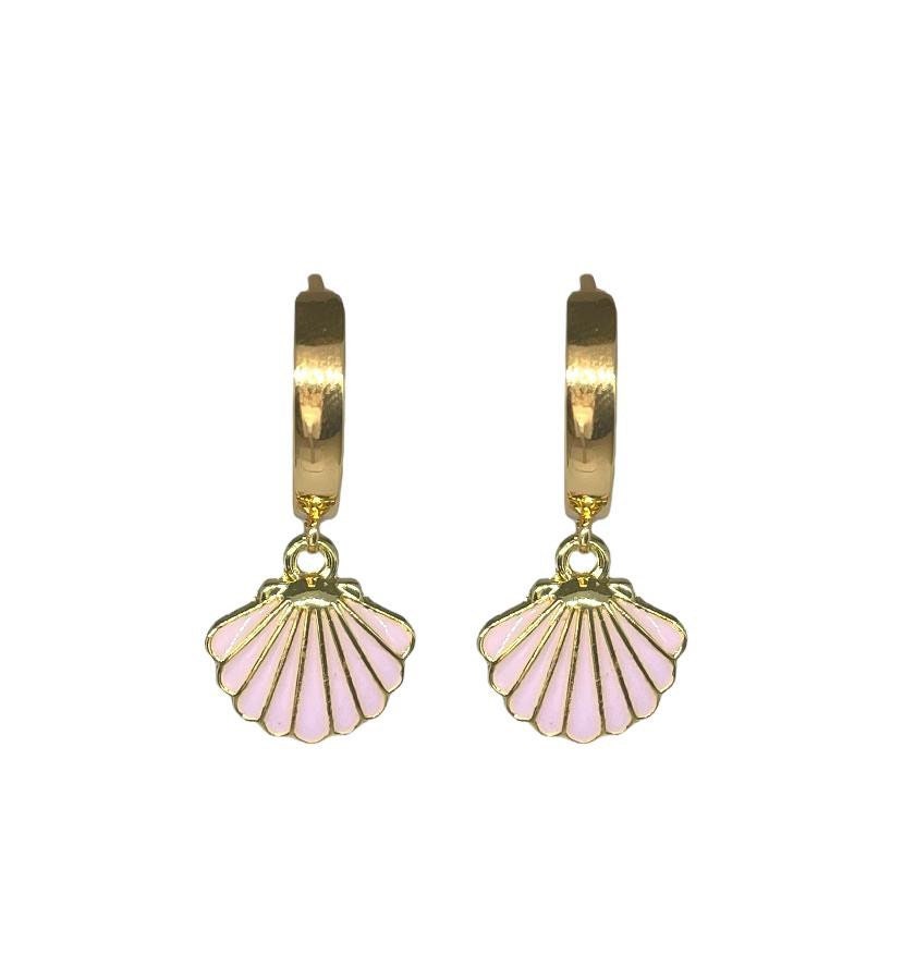 18K Gold Plated Pink Scallop Shell Huggies Hoop Earrings ocean charm