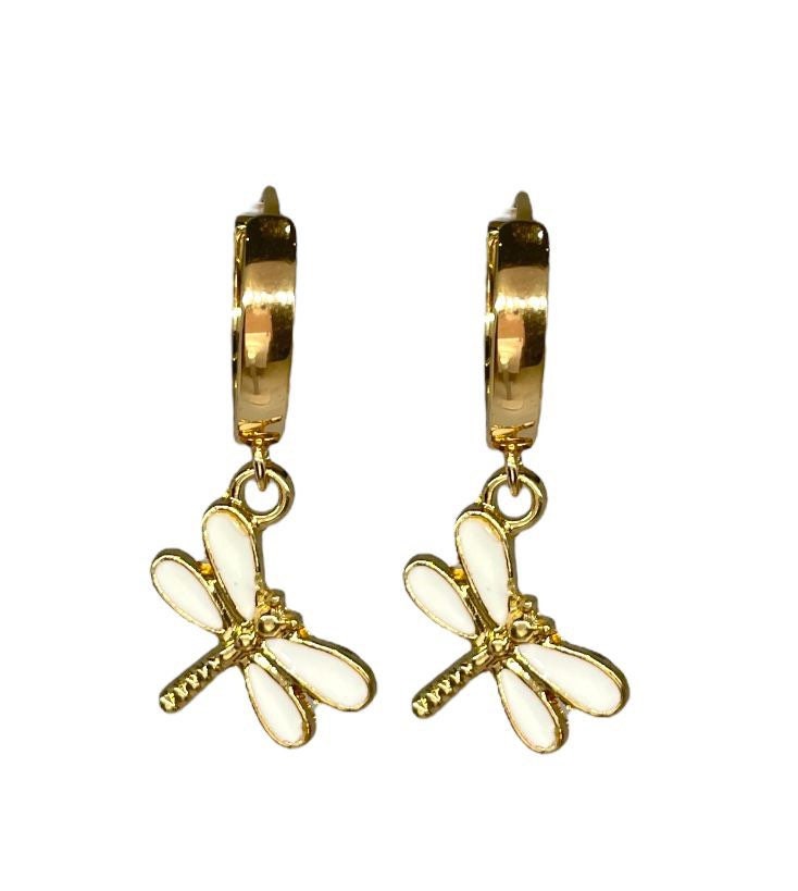 18K Gold Plated White dragonfly Huggies Hoop Earrings