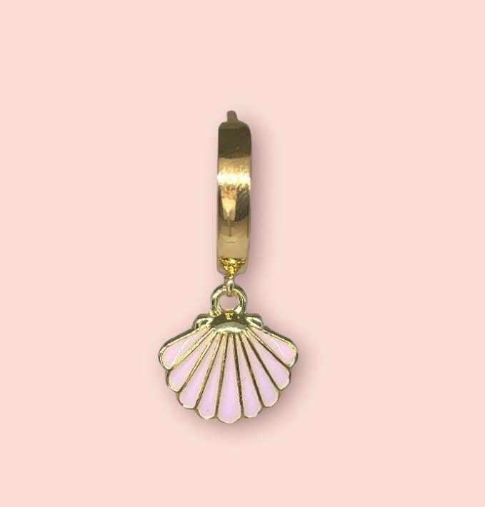 18K Gold Plated Pink Scallop Shell Huggies Hoop Earrings ocean charm