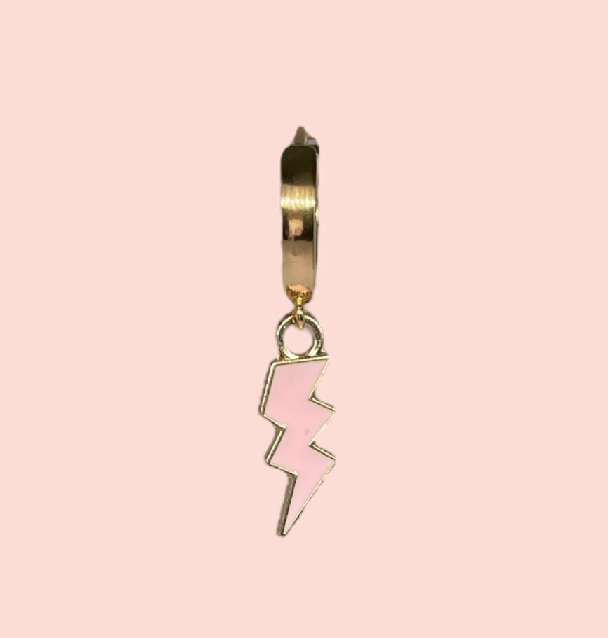 18K Gold Plated Lightning Bolt Huggies Hoop Earrings with baby pink lightning bolt drop charm *More colours available*