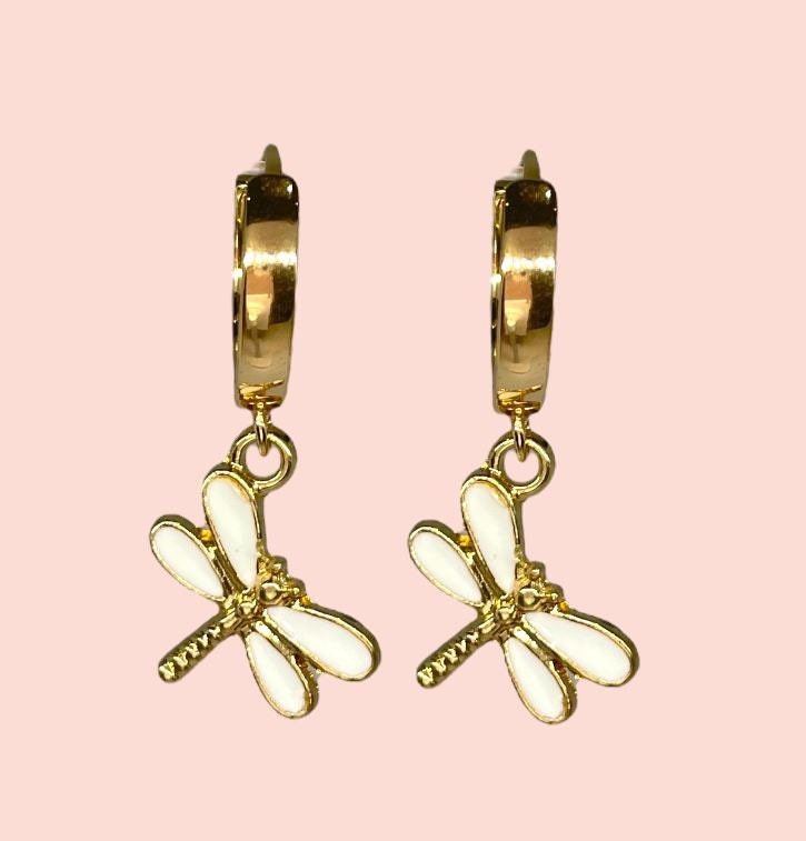 18K Gold Plated White dragonfly Huggies Hoop Earrings