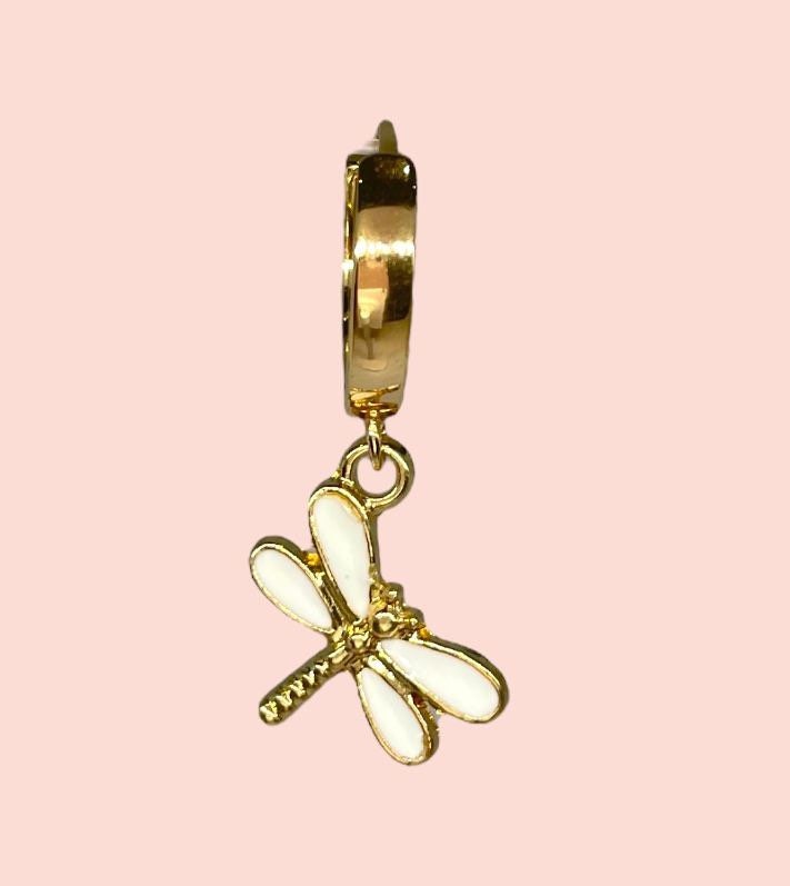 18K Gold Plated White dragonfly Huggies Hoop Earrings