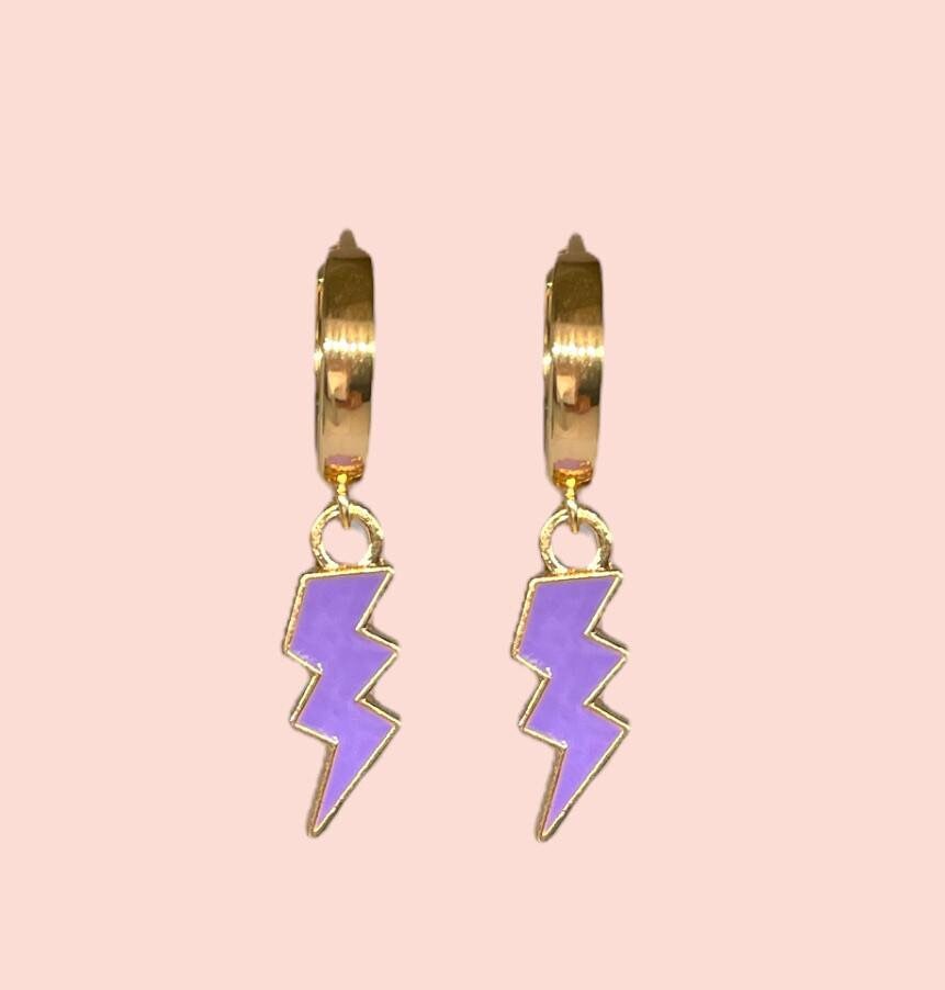 18K Gold Plated Lightning Bolt Huggies Hoop Earrings with Purple lightning bolt drop charm *More colours available*