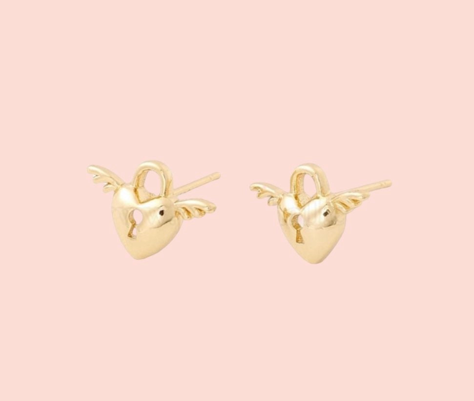 18K Gold Plated Heart Padlock Wings stud earrings