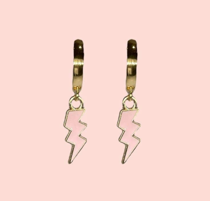 18K Gold Plated Lightning Bolt Huggies Hoop Earrings with baby pink lightning bolt drop charm *More colours available*