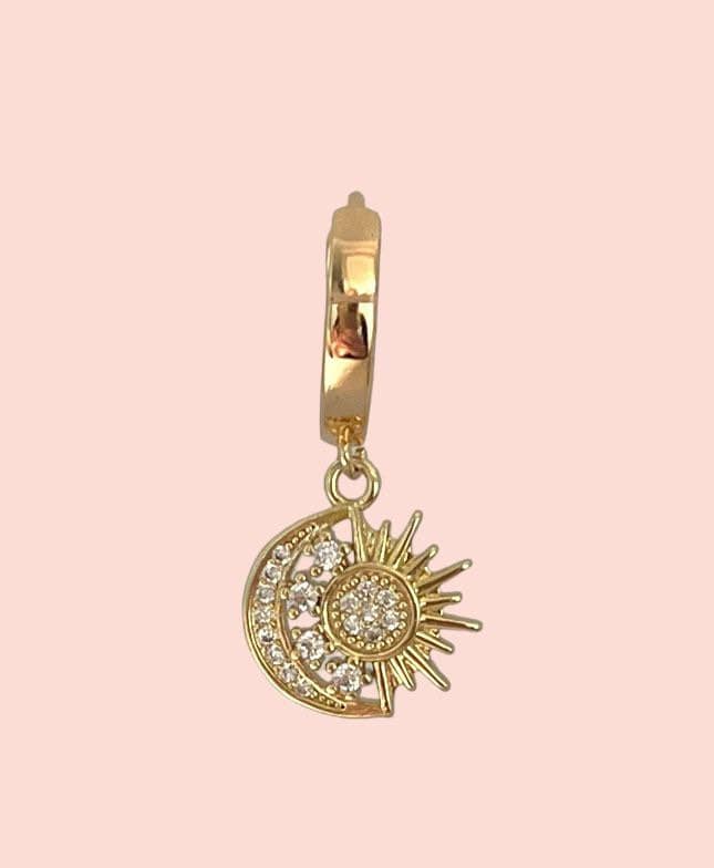 18K Gold Plated Huggies hoop Sun & Moon charm Earrings dangly