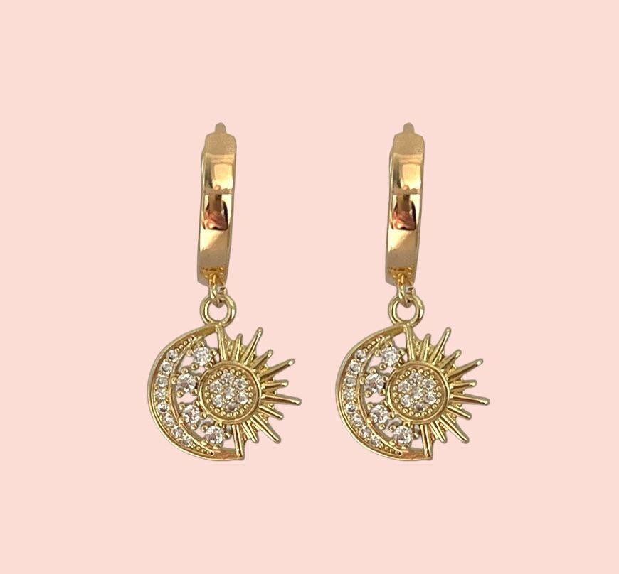 18K Gold Plated Huggies hoop Sun & Moon charm Earrings dangly