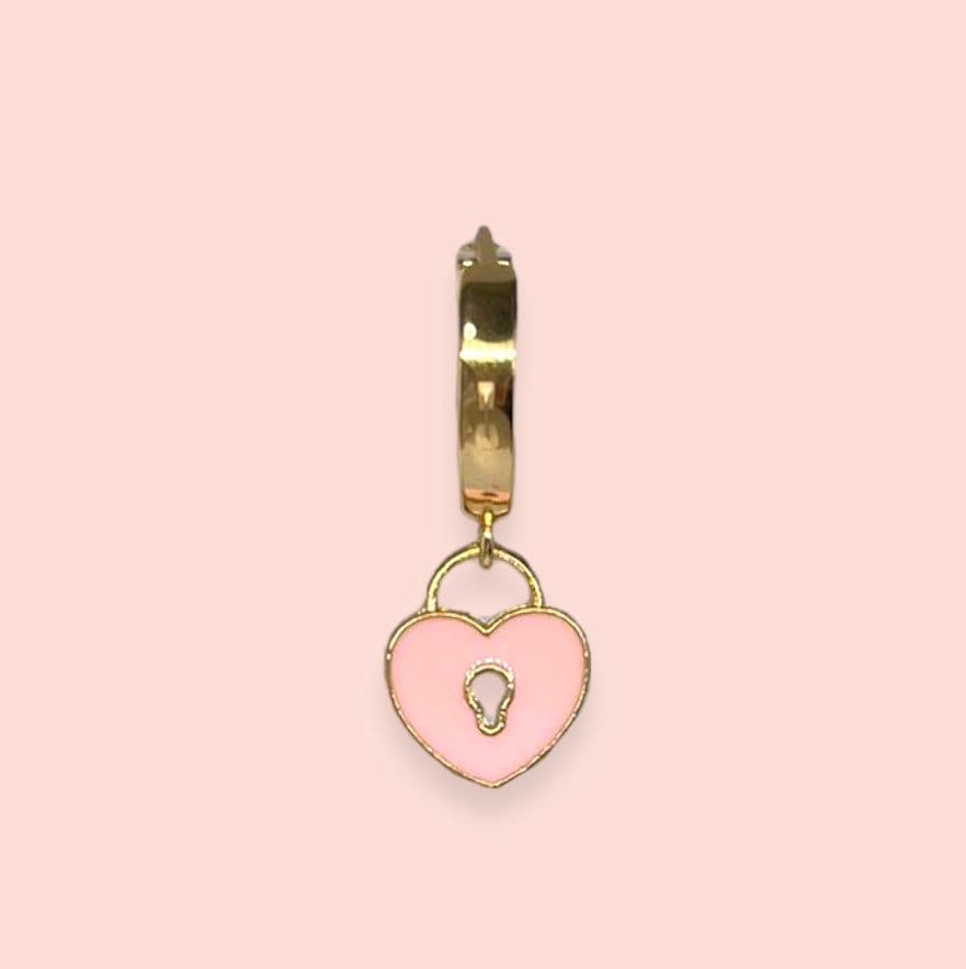 18K Gold Plated Heart Huggies Hoop Earrings - Pink or Green Padlock charm