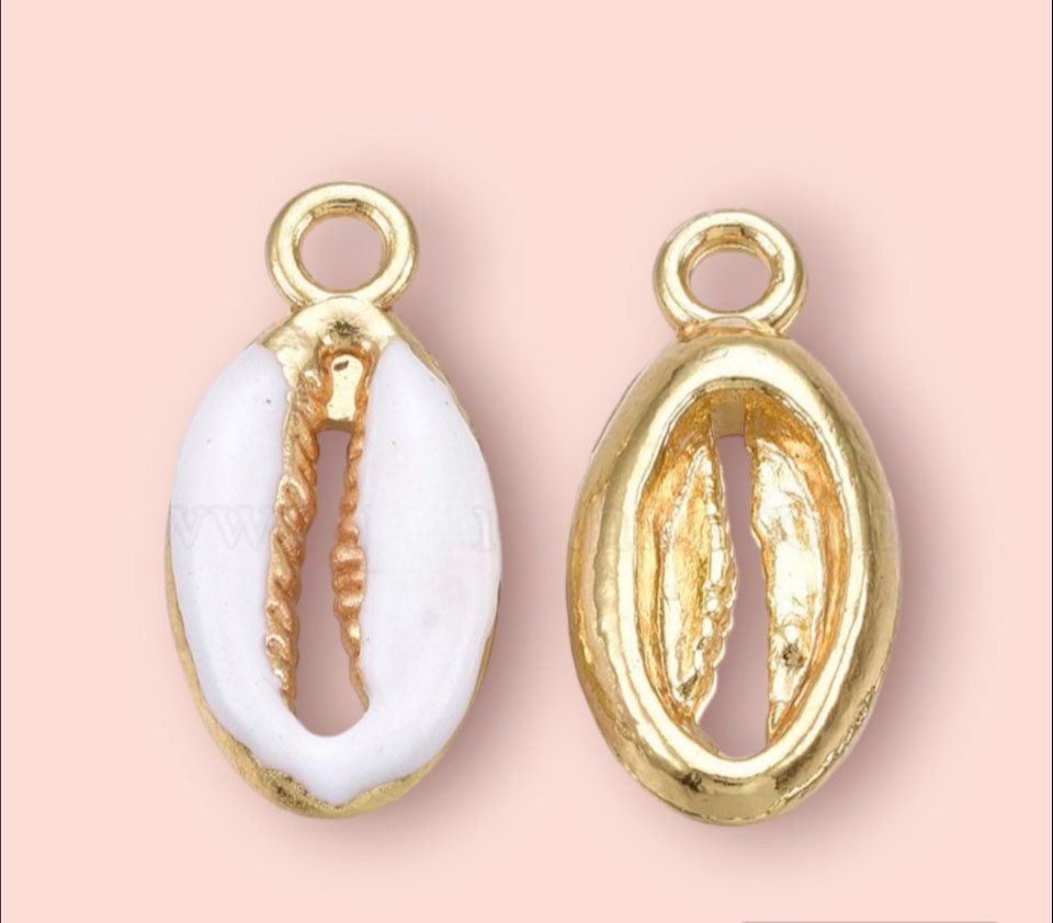 18K Gold Plated Cowrie white & gold shell charm Heart Huggies Hoop Earrings beach summer ocean