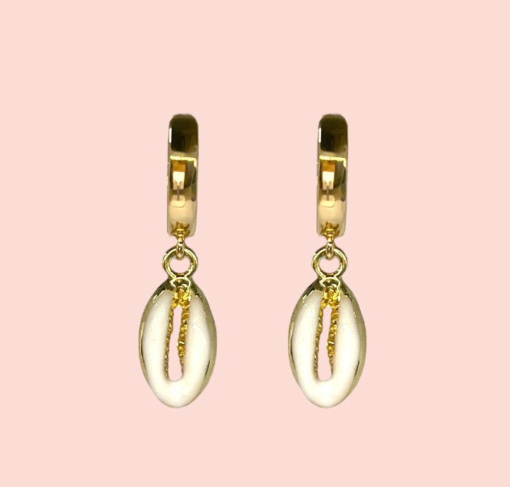 18K Gold Plated Cowrie white & gold shell charm Heart Huggies Hoop Earrings beach summer ocean