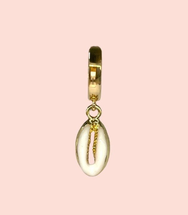 18K Gold Plated Cowrie white & gold shell charm Heart Huggies Hoop Earrings beach summer ocean