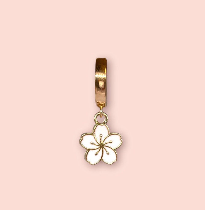 18K Gold Plated White Hibiscus Flower Huggies Hoop Earrings