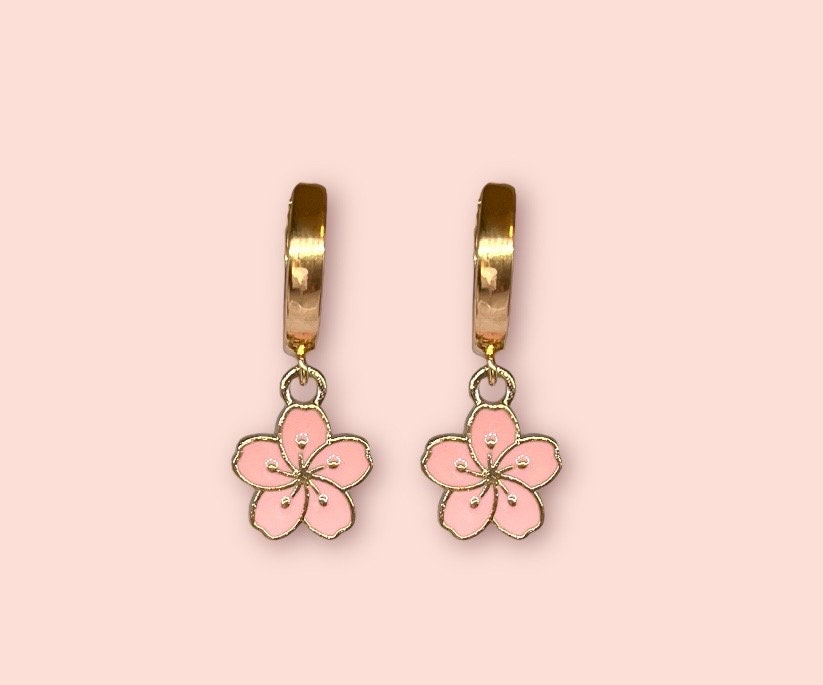 18K Gold Plated Pink Hibiscus Flower Huggies Hoop Earrings