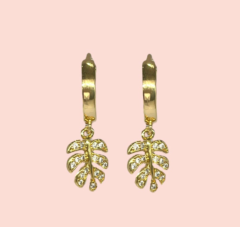 18K Gold Plated Tropical palm monstera leaf charm Huggies Hoop Cubic Zirconia Earrings dangly