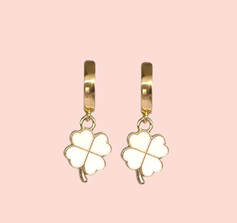 18K Gold Plated White & Gold Clover Van Cleef style Charm Huggies Hoop Earrings