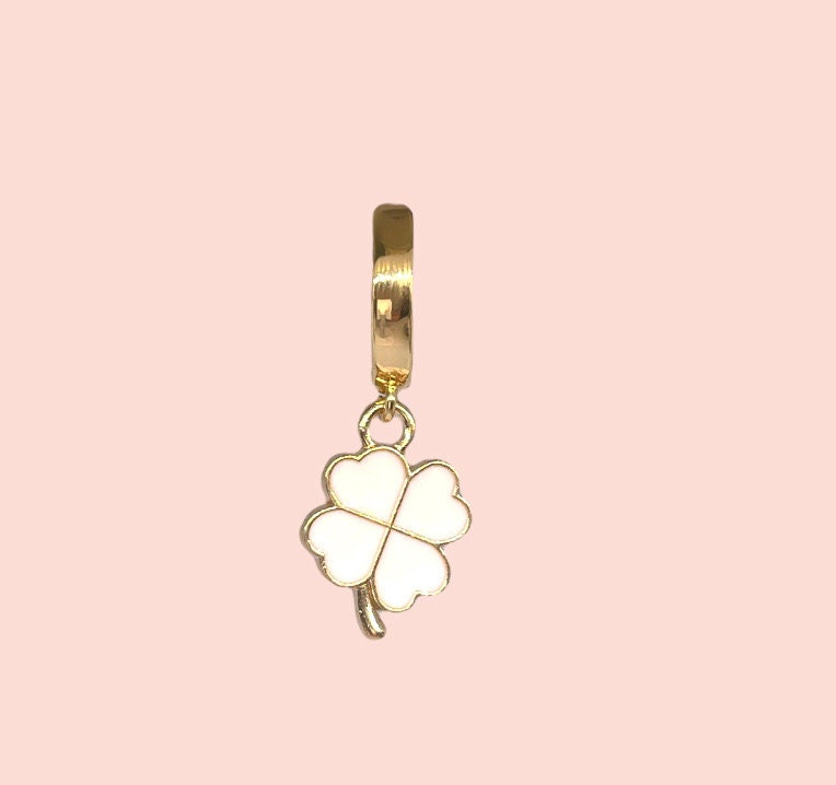 18K Gold Plated White & Gold Clover Van Cleef style Charm Huggies Hoop Earrings