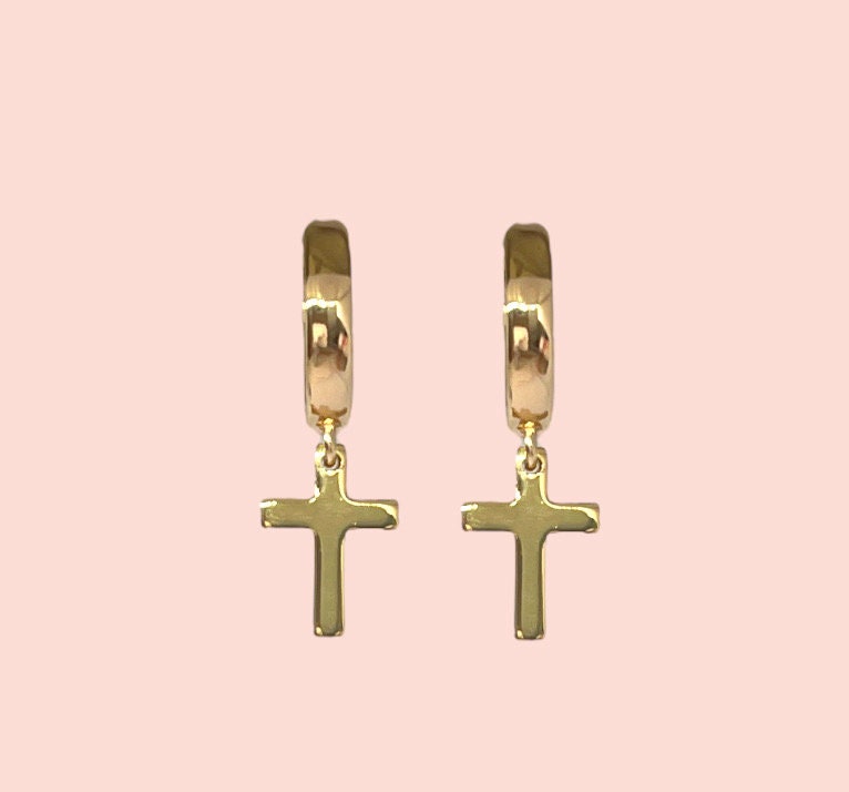18K Gold Plated Cross charm Huggies Hoop Earrings