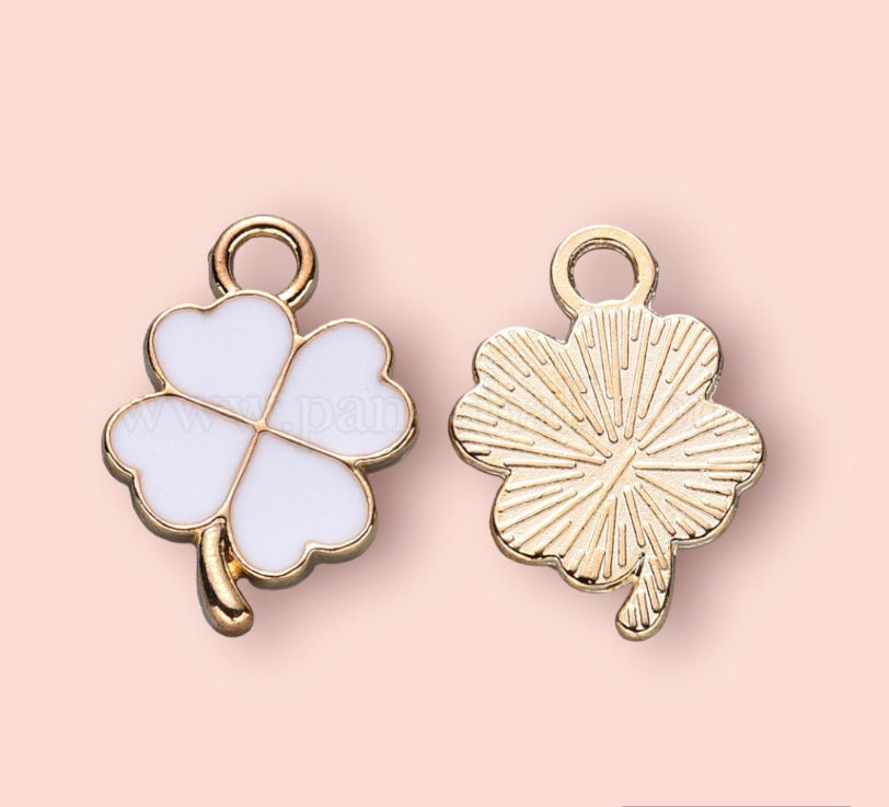 18K Gold Plated White & Gold Clover Van Cleef style Charm Huggies Hoop Earrings