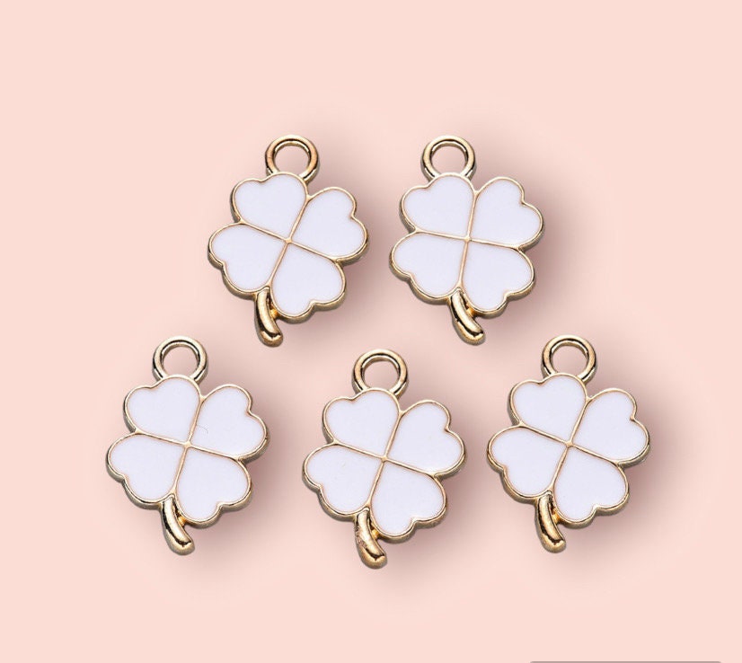 18K Gold Plated White & Gold Clover Van Cleef style Charm Huggies Hoop Earrings