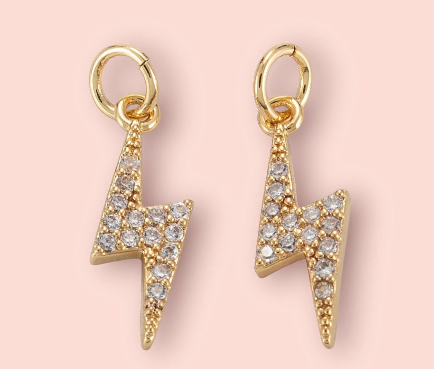 18K Gold Plated Lightning Bolt Charm Huggies Hoop Cubic Zirconia Earrings dangly