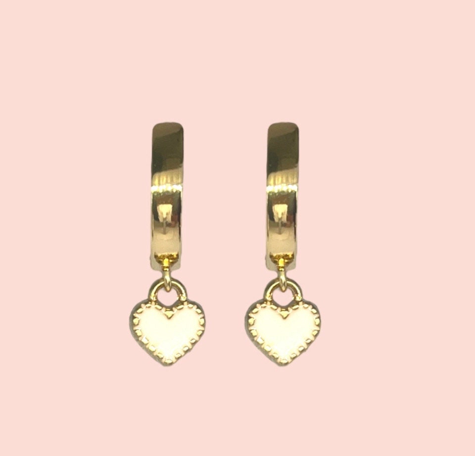 18K Gold Plated Mini Heart Huggies Hoop Earrings - White & Gold