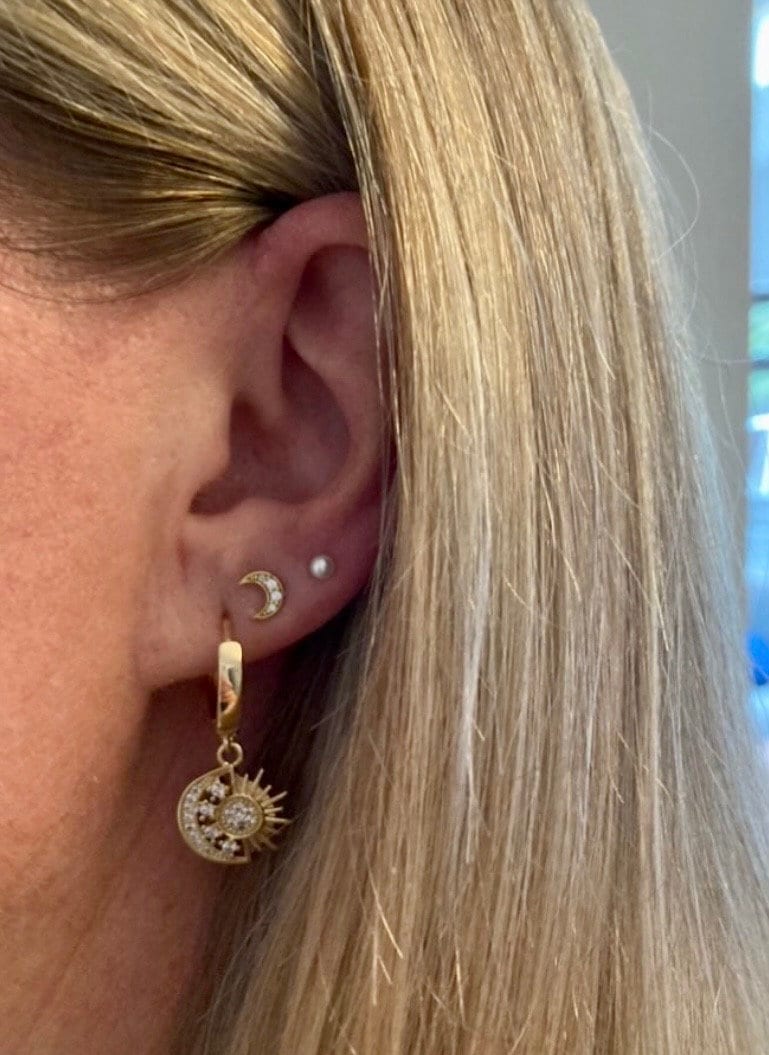 18K Gold Plated Huggies hoop Sun & Moon charm Earrings dangly