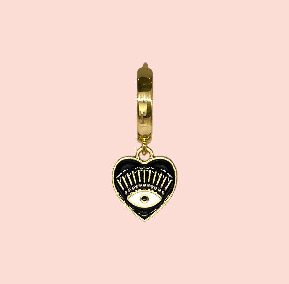18K Gold Plated Black Heart Evil Eye charm Heart Huggies Hoop Earrings