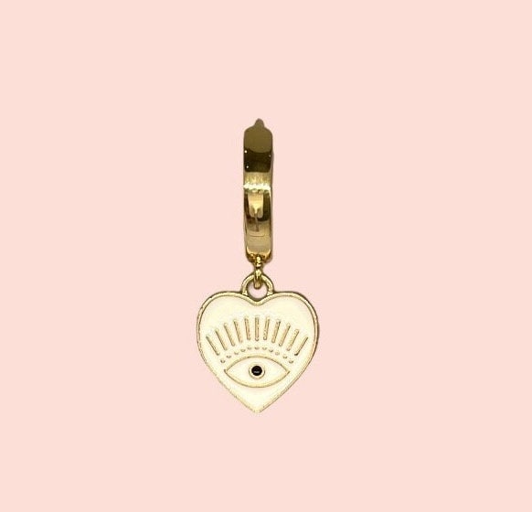 18K Gold Plated White Heart Evil Eye charm Heart Huggies Hoop Earrings