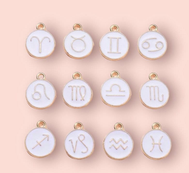 18K Gold Plated Huggies Hoop Earrings with White Zodiac Star Birth Sign Charm! Astrology, Birthday Gift