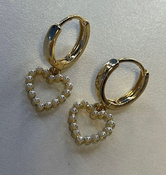 18K Gold Plated Heart Huggies Hoop Earrings - White pearl heart charm Taylor Swift Swifty